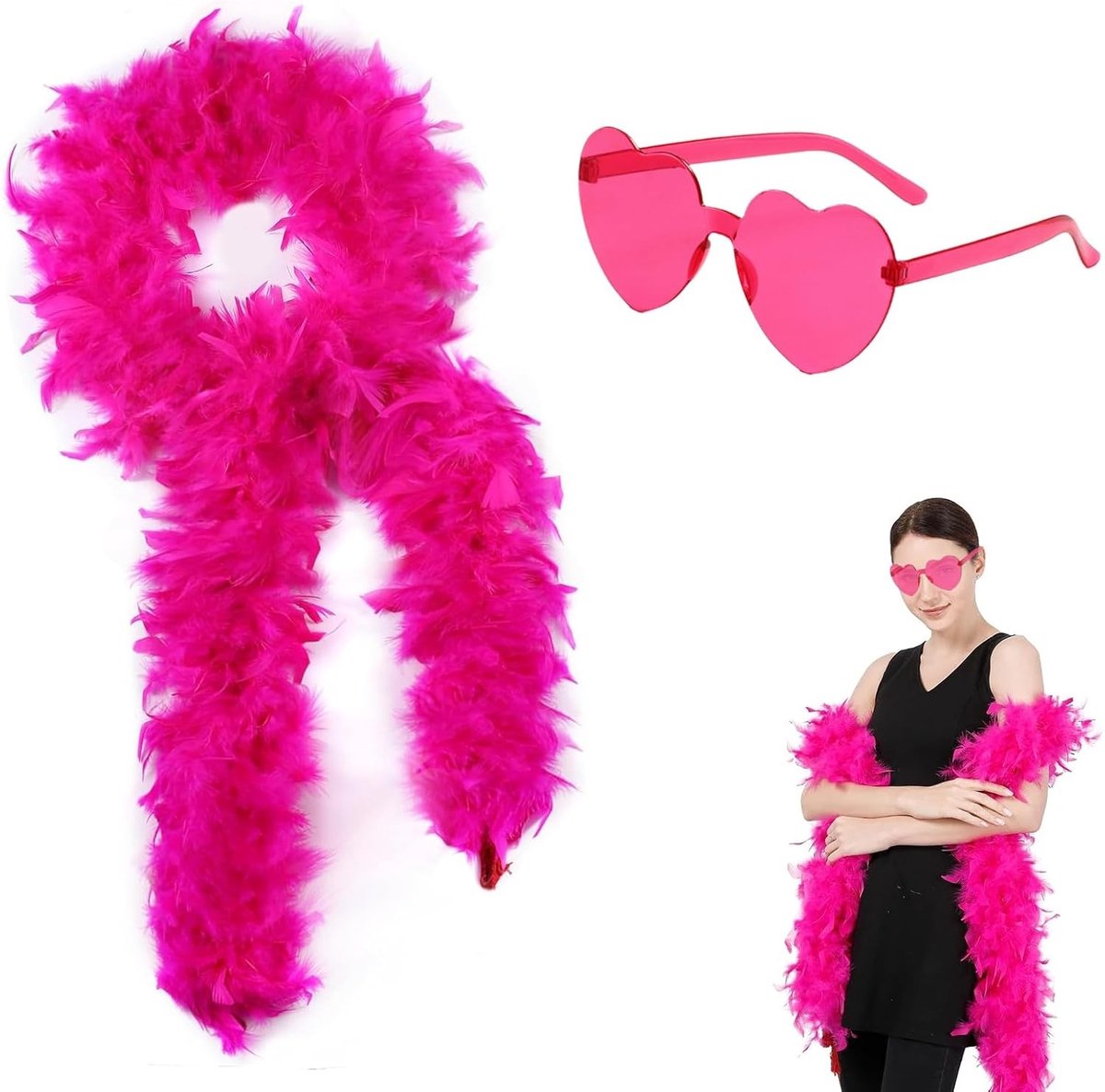 Roze Rode Kostuumaccessoires Set voor Vrouwen – 2 Meter Verenboa en Plastic Bril – Perfect voor Carnaval, Halloween en Themafeesten, Feestoutfit, Verkleedkleding, Accessoires voor Vrouwen