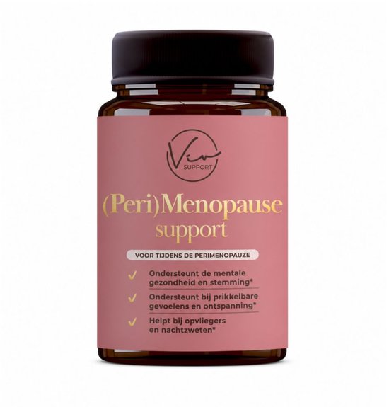 Bruine pot met roze label met de tekst "(Peri) Menopause support" in witte letters. Twee pilletjes liggen ernaast.