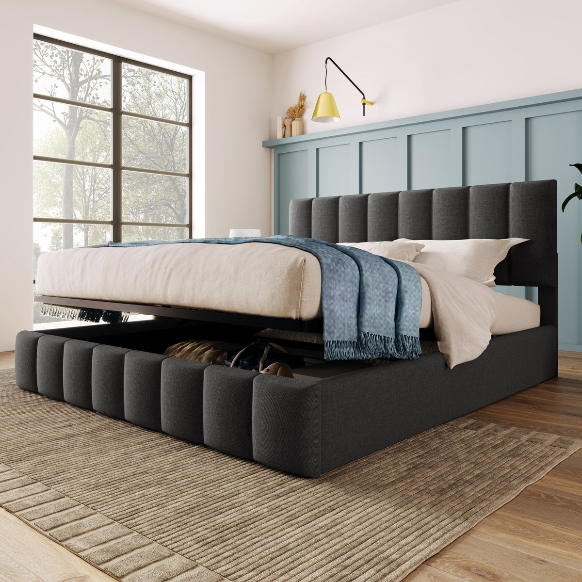 AURA LUMEN Gestoffeerd bed-Twijnfelaarbed-140 x 200 cm-Hydraulisch bed met opbergruimte-Verstellbaar hoofdbord-Grijs-Zonder matras