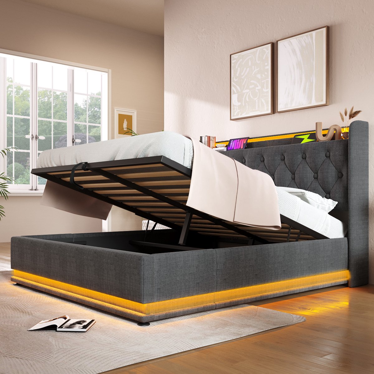 AURA LUMEN Gestoffeerd bed-Tweepersoonsbed-160 x 200 cm-Hydraulisch bed-Bed met LED en USB-Grijs-Linnen