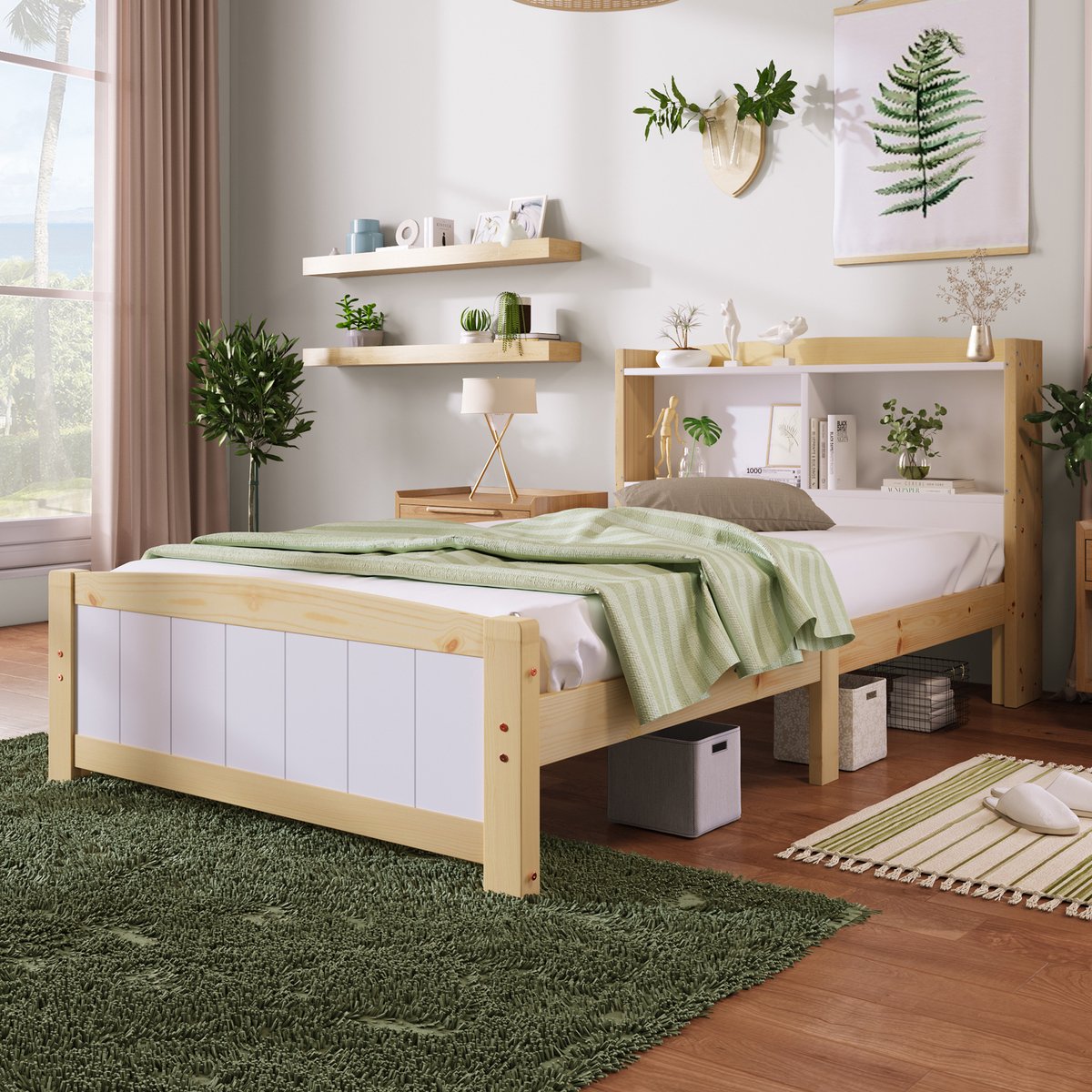AURA LUMEN Gestoffeerd bed-Eenpersoonsbed-90 x 200 cm-Stauraum-Kopfteil-Bed met opbergruimte-Wit-Met matras