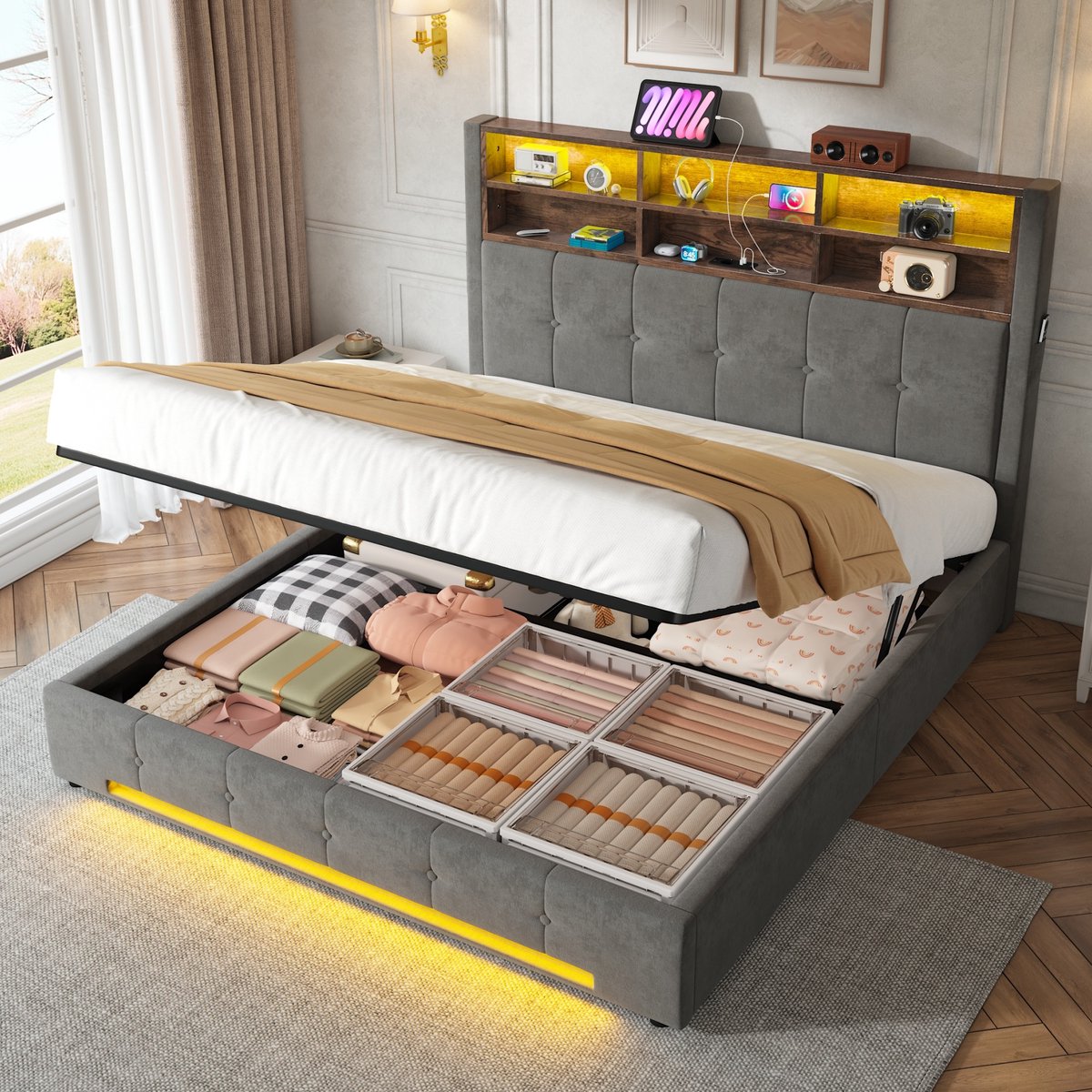 AURA LUMEN Gestoffeerd bed-Tweepersoonsbed-160 x 200 cm-Multifunctioneel hoofdbord-USB-C-LED-Hydraulisch-Stofgrijs-Zonder matras Donkergrijs