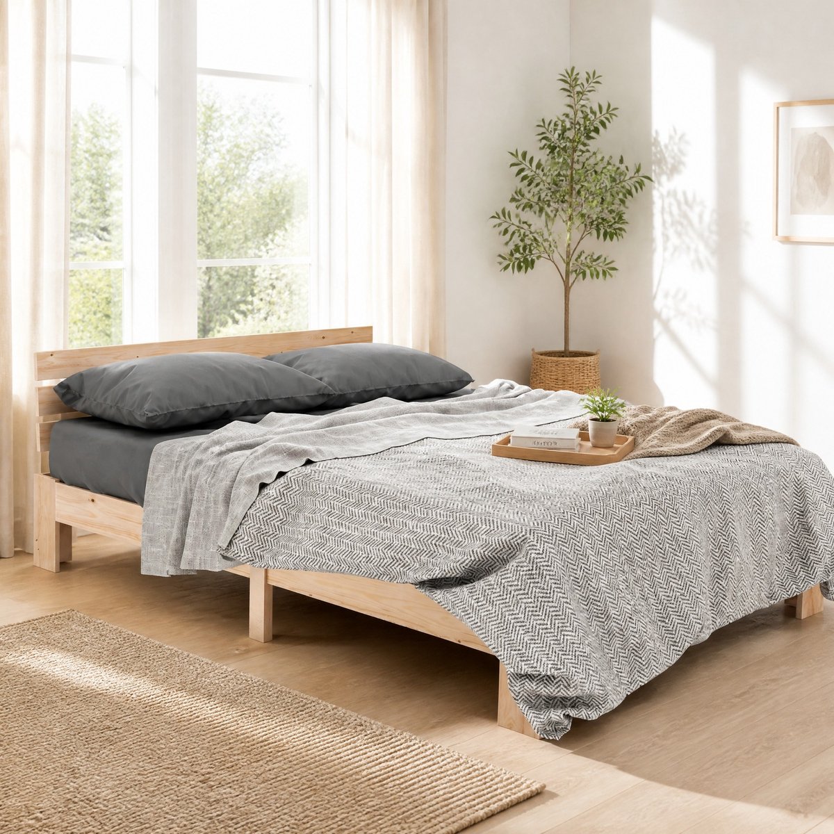 WUVRIE Tweepersoonsbed 140x200 cm met hoofdbord en lattenbodem, houten bedframe in naturel