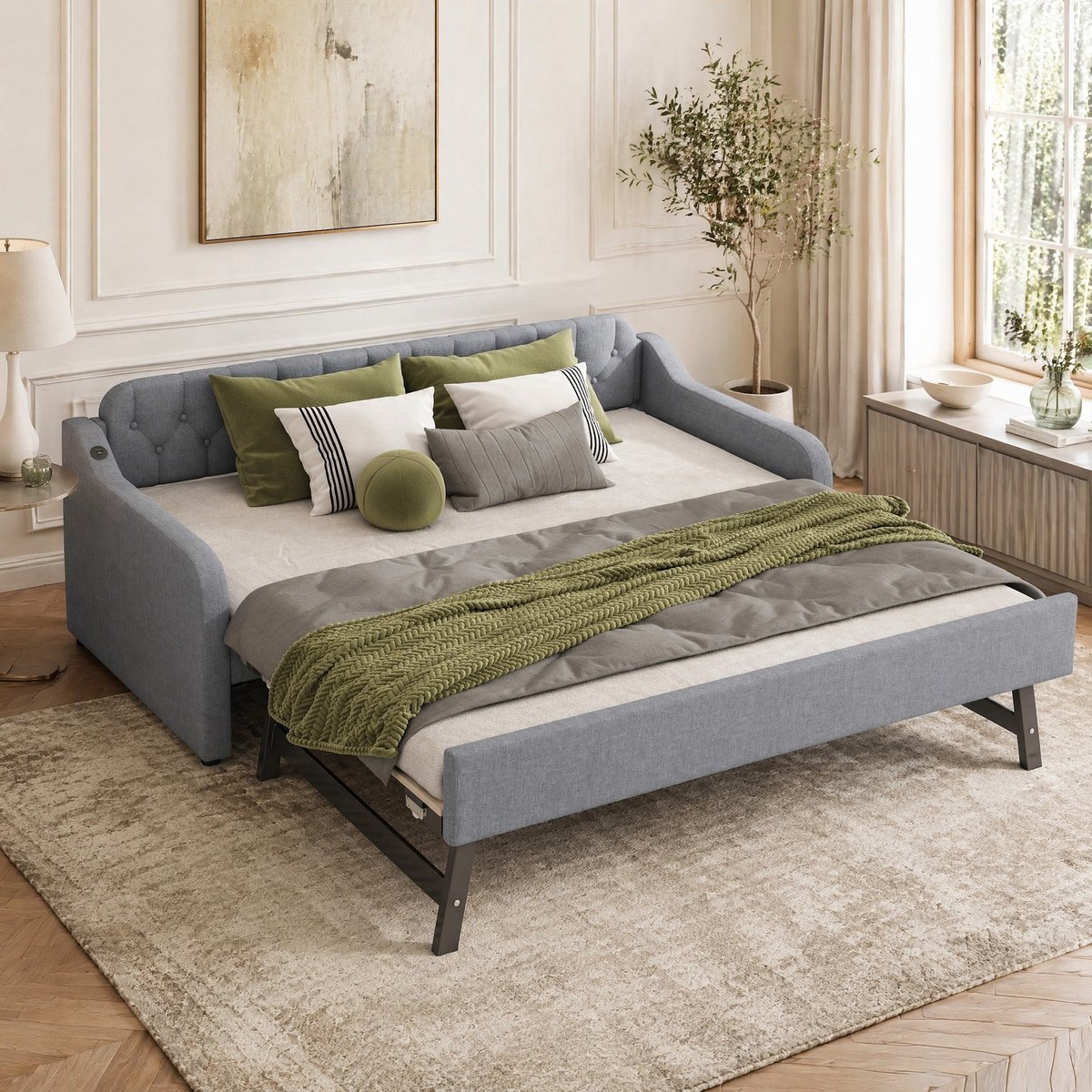 WUVRIE Slaapbank 90x200 cm met uitschuifbaar rolbed en USB-aansluiting, grijs