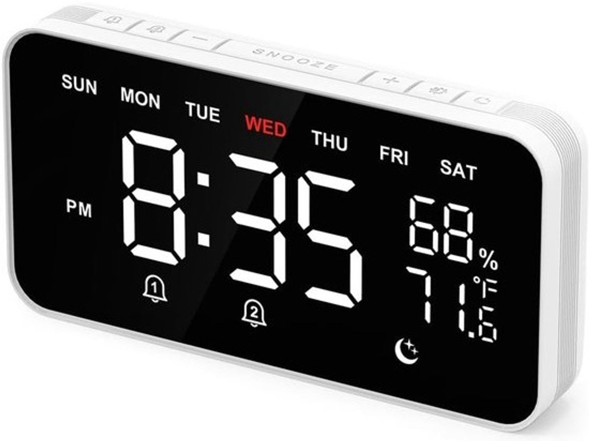 Digitale wekker - Luide alarmklok - Om wakker te worden - Temperatuur - vochtigheid - Groot display - Wit
