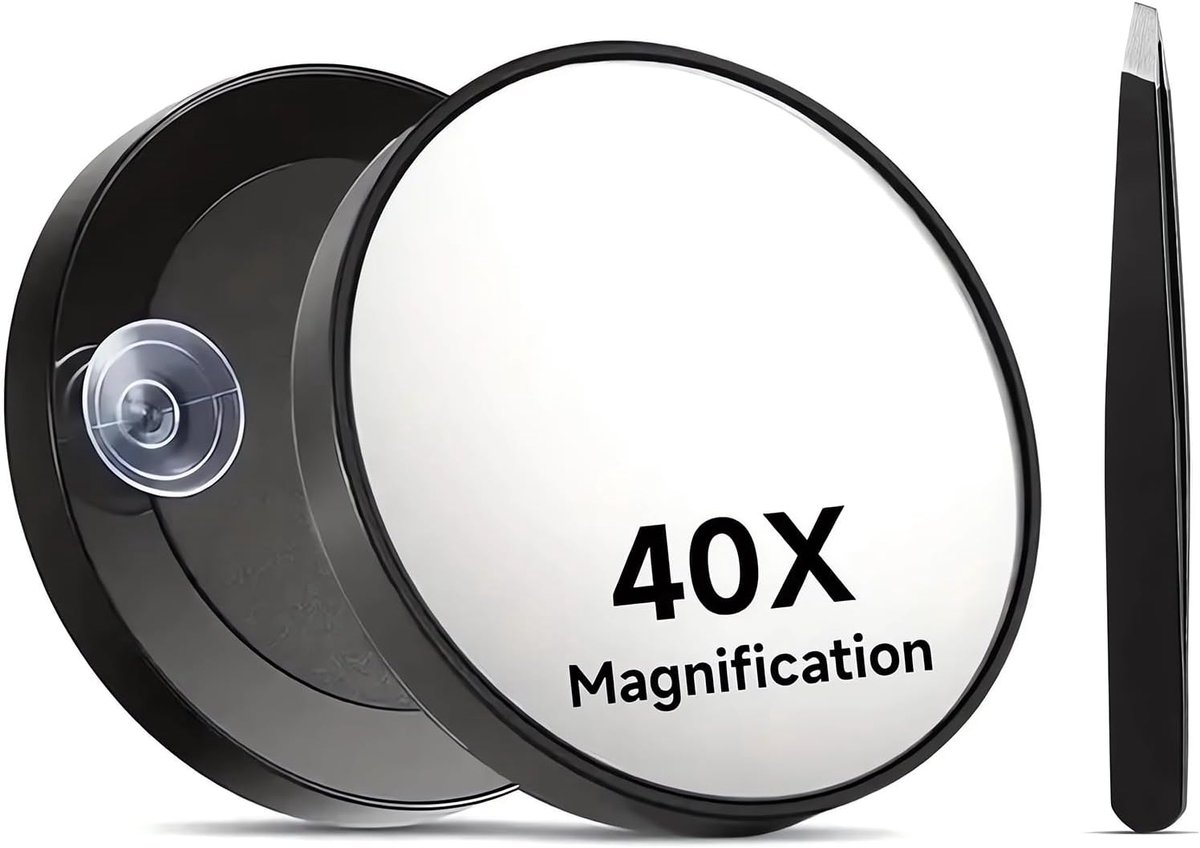 SnelShoppen - 40-Way Magnification Mirror - 40x Vergrotende Spiegel met Zuignap en Pincet - Reis Spiegel Set voor Nauwkeurige Make-up en Wenkbrauwverz
