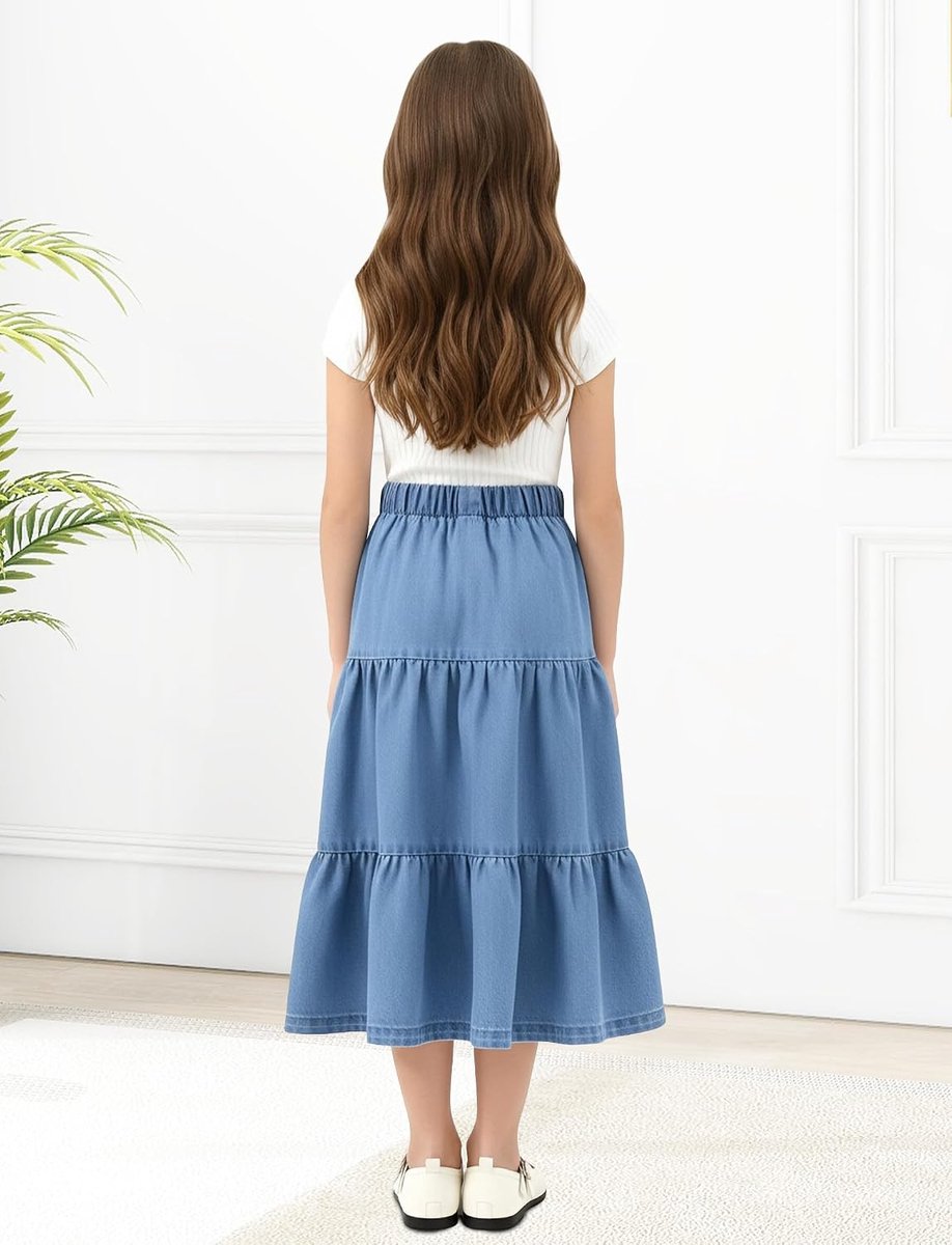 SEAUR Children's Denim Skirts Elastic Waist Girls Jean Skirts Midi Length A-line Pleated Swing Flowy Style 5-12 Years - ShopVlot