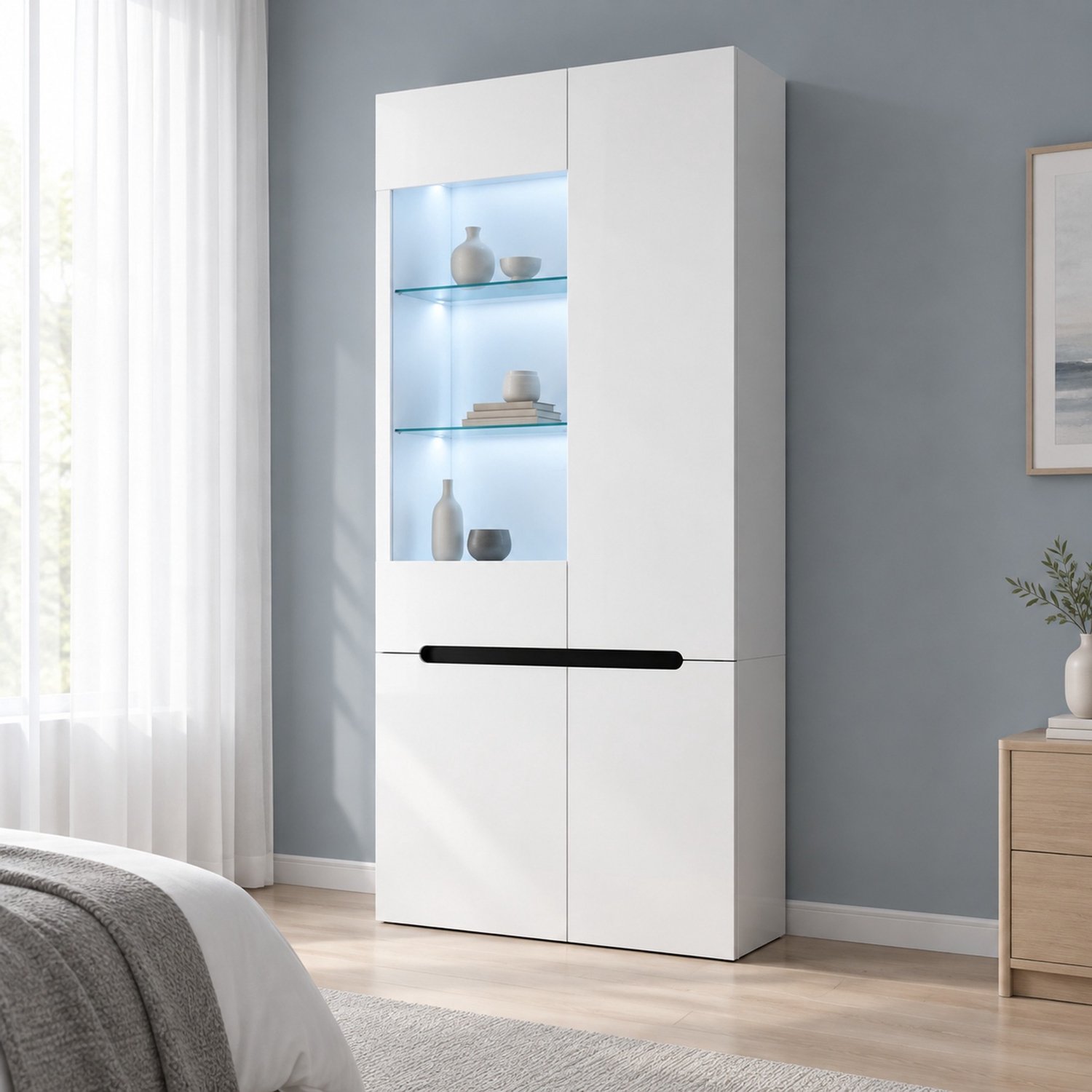 HAUSS SPOLE Vitrinekast - Ledverlichting En Verstelbare Glasplanken - Voor Woonkamer En Eetkamer - Mdf En Glas - Wit - 80 x 35 x 180 cm