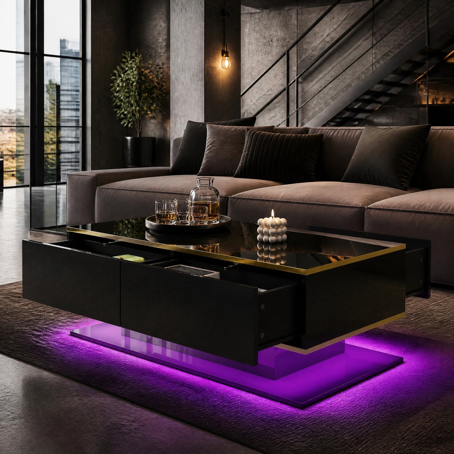 Maisentiel Salontafel met ledverlichting en 3 lades - zwart/goud - 100 x 50 x 40 cm Zwart en goud