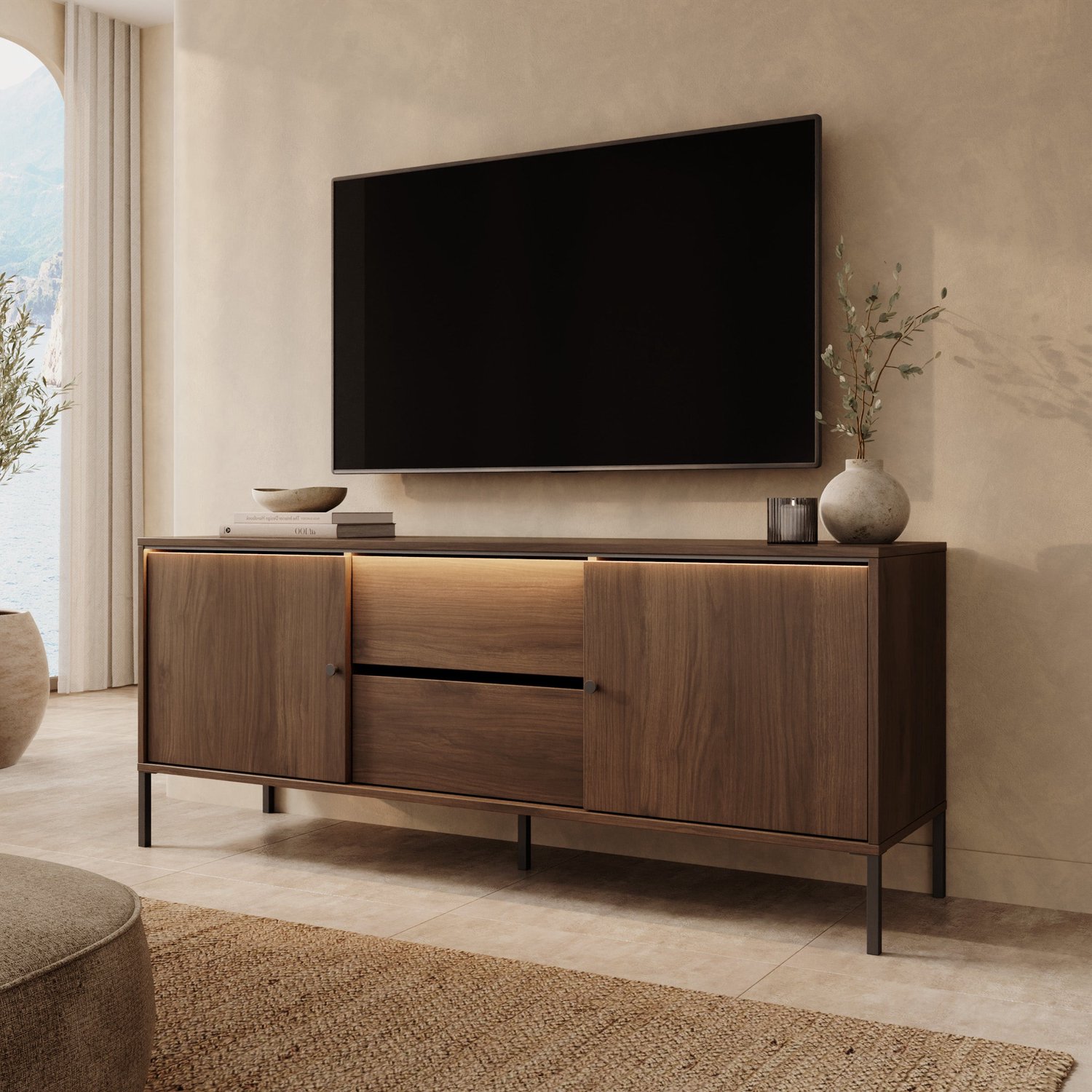 MEUBELLA Charro - TV-Meubel met verlichting - Walnoot - 150x40x61 cm Bruin