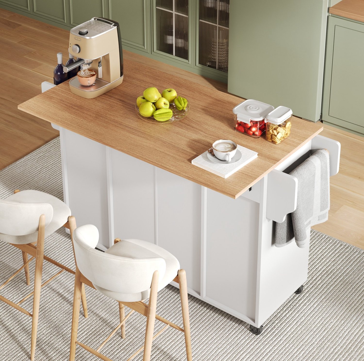 MODENUIT Keukeneiland - Inklapbaar Werkblad met Lade - voor Keuken en Eetruimte - Wit MDF - 120x69x90 Cm