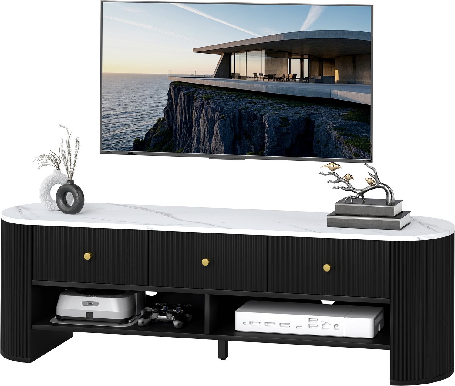 Lunpog TV-meubel 140 cm - tv-meubel voor een 65-inch televisie met marmerlook - 3 lades met geribbelde fronten en 2 zwarte planken