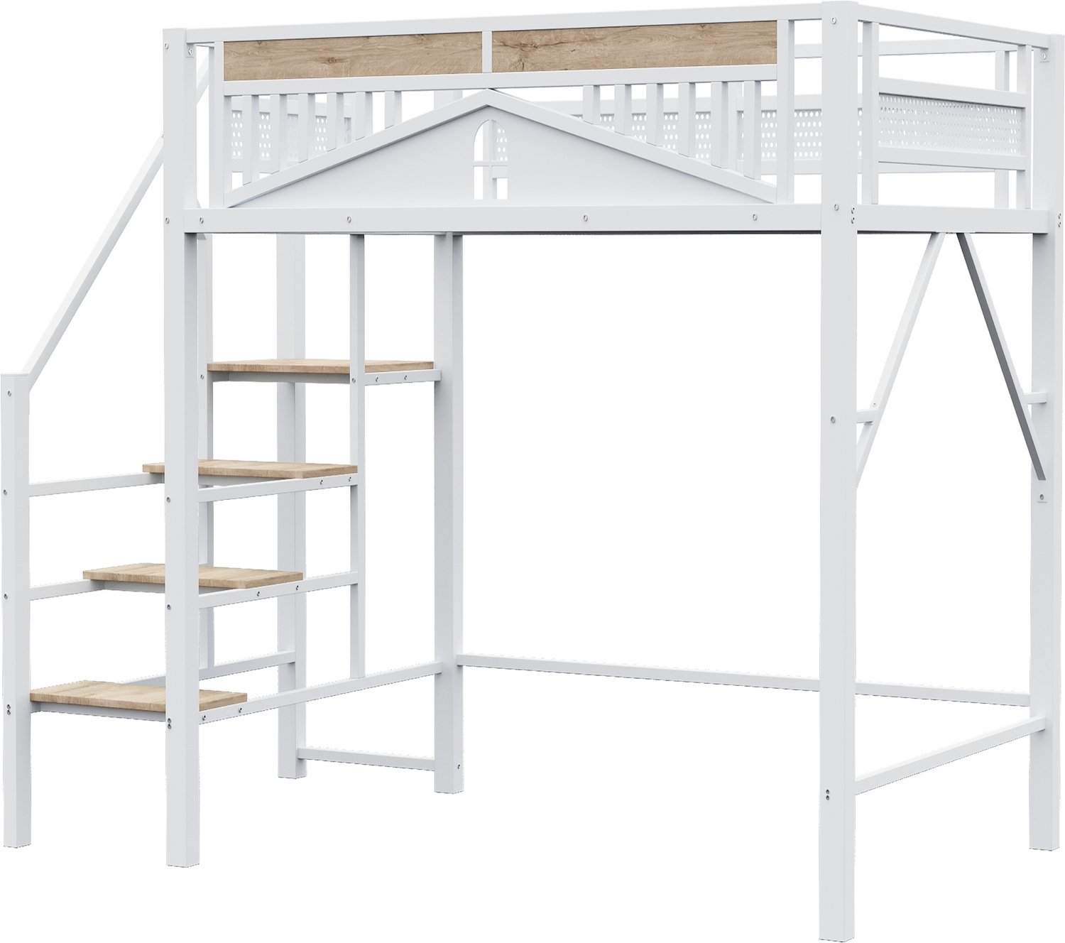 MUVANO Witte metalen hoogslaper 140x200 cm - Bedframe met houten treden en raamvormige reling - Opbergruimte onder de trap - Voor slapen en studeren