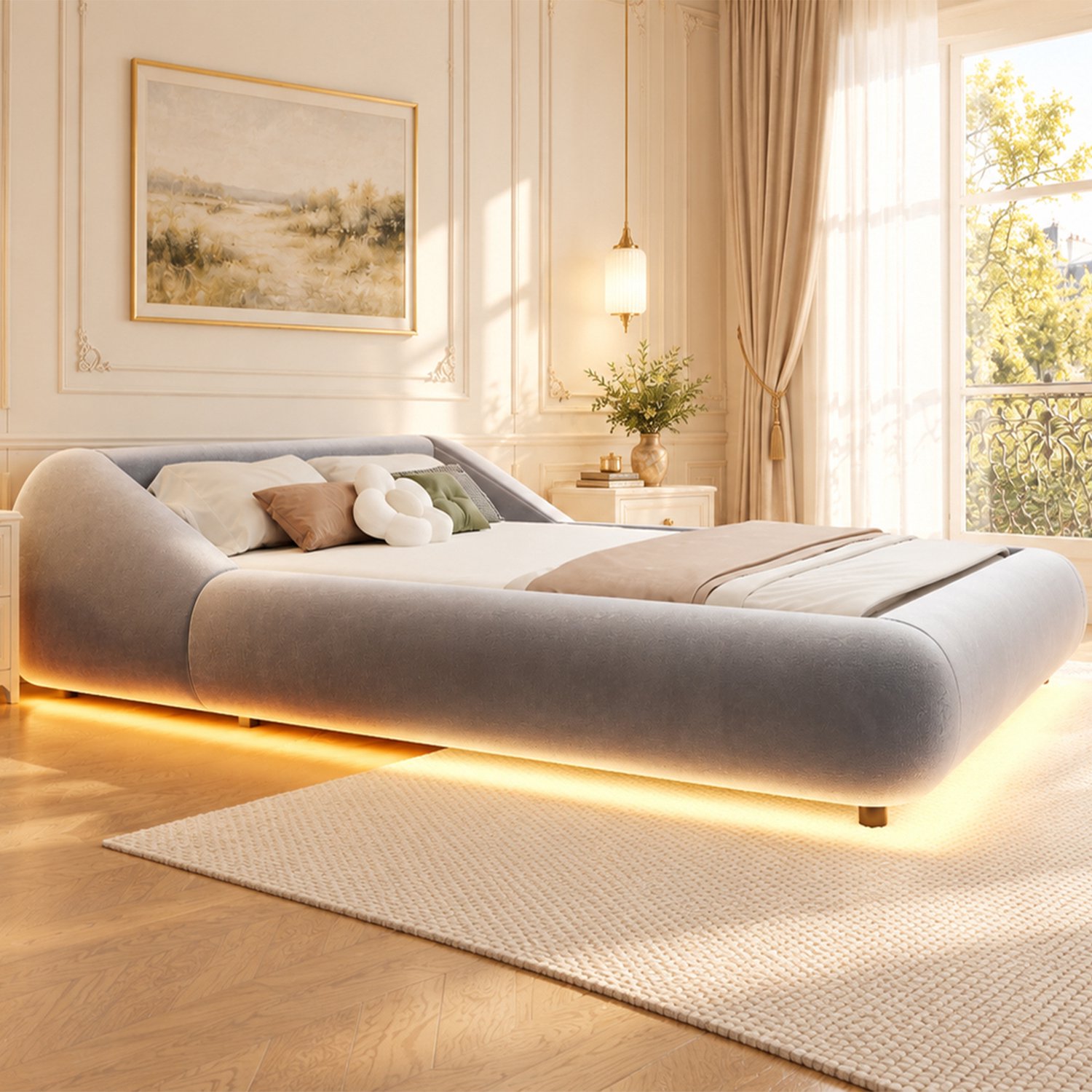 VVBV Gestoffeerd Bed 140x200 cm - Zwevend Tweepersoonsbed met LED-Verlichting en Gebogen Hoofdbord - Fluweel - Grijs
