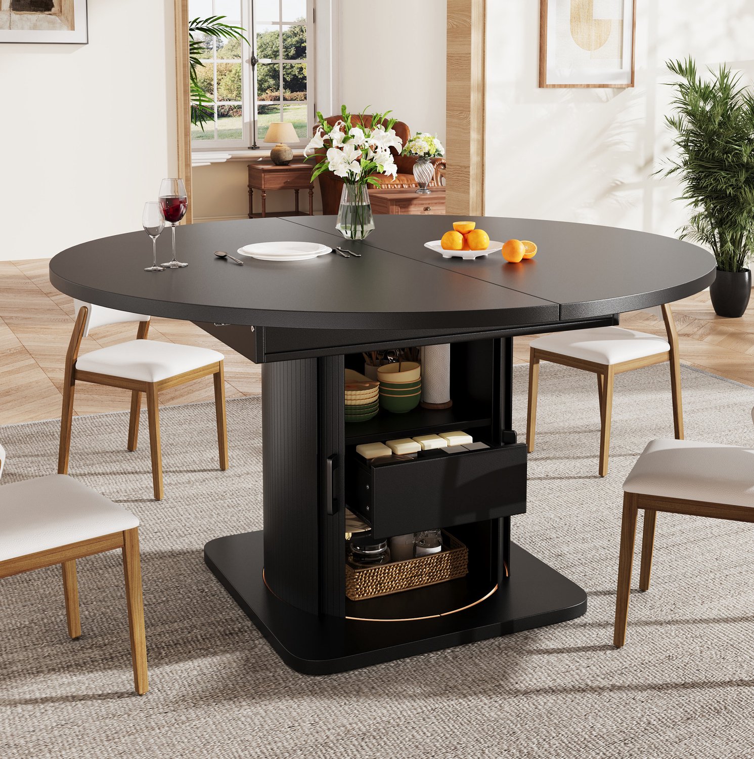 Maisentiel Uitschuifbare eettafel met lades - rond tot ovaal - 118-158 cm - zwart