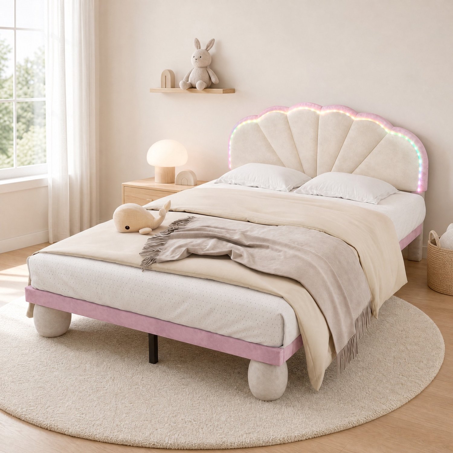 Maisentiel Gestoffeerd kinderbed 140 x 200 cm met lichtstrip en lattenbodem - beige en roze