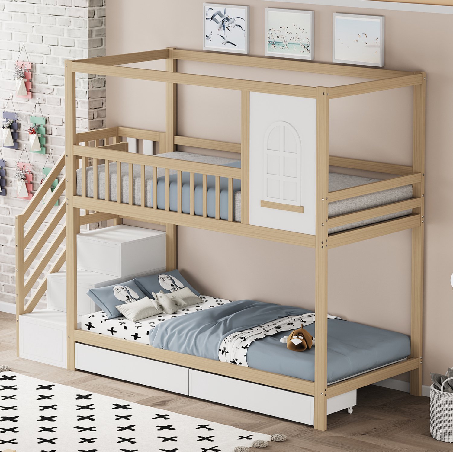 Maisentiel Kinderstapelbed 90 x 200 cm met traplades en opberglades - houtkleur Naturel hout
