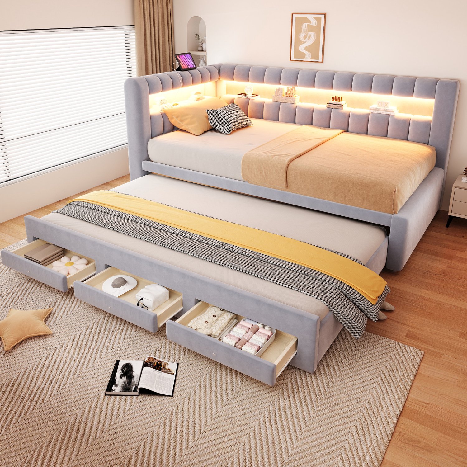 Maisentiel Slaapbank met uitschuifbaar bed en lades - 90 x 190 cm - lichtgrijs fluweel