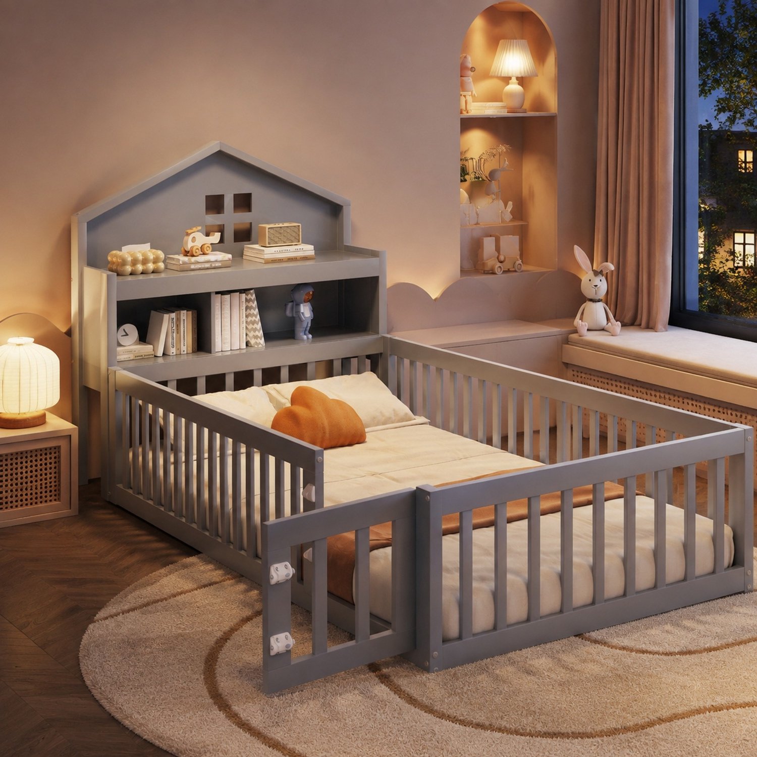Maisentiel Kinderbed in huisvorm 90 x 200 cm - met opbergruimte en lattenbodem - grijs