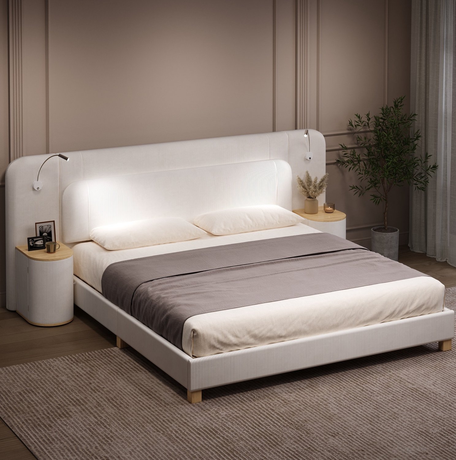 MODFU Tweepersoonsbed - Nachtkastjes En Ledverlichting - Cord En MDF - Beige - 180 X 200 Cm