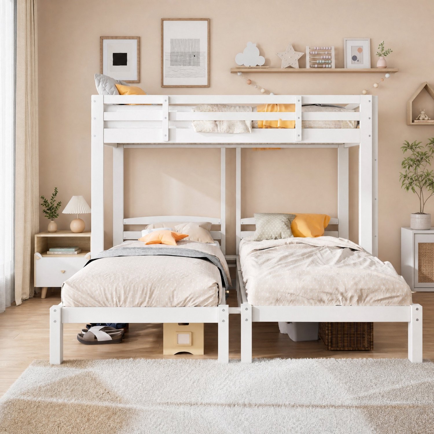 Maisentiel Driepersoons stapelbed van hout met zijladder - wit - 90 x 200 cm per slaapplaats