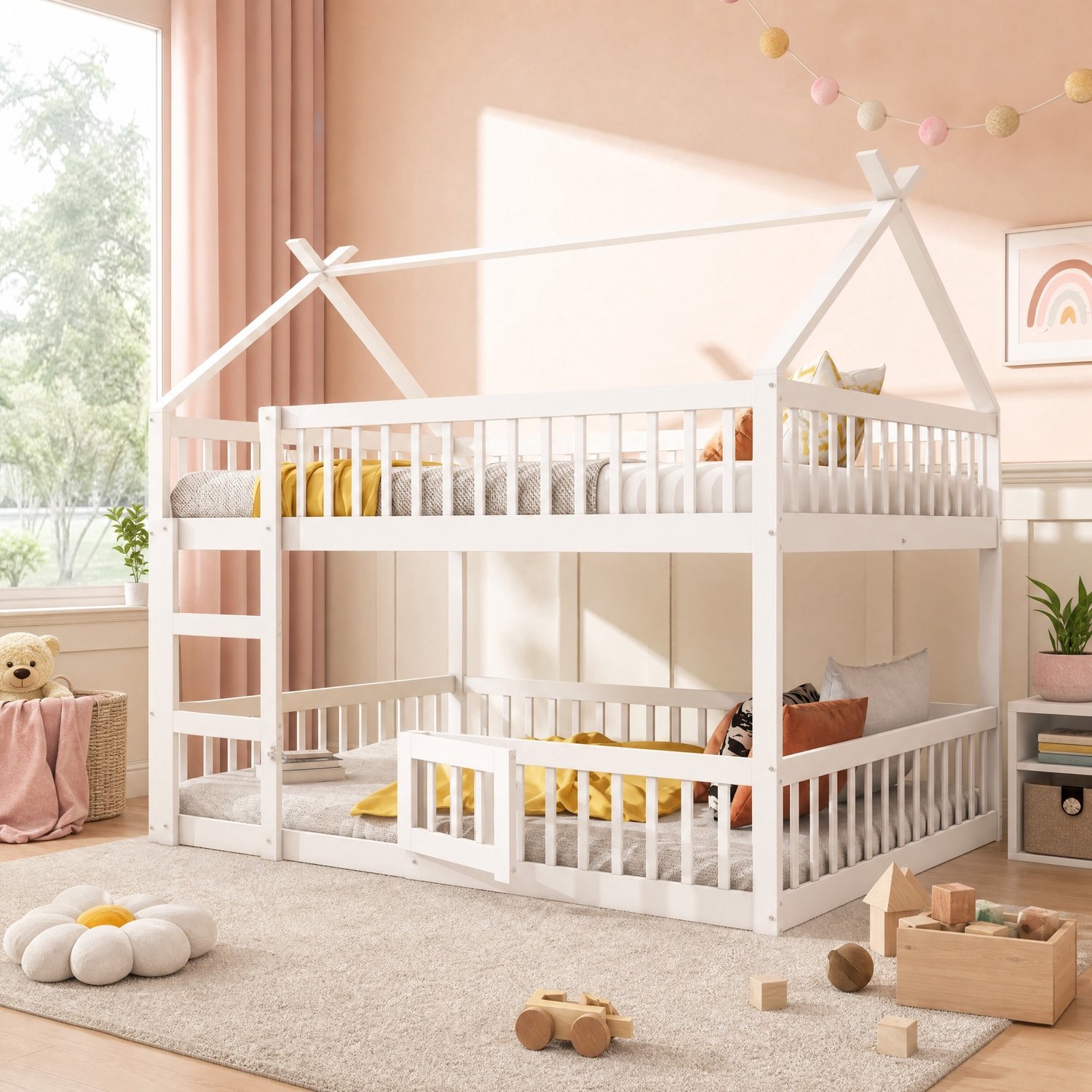 Maisentiel Kinderstapelbed met trap en hekwerk - wit hout - 205 x 145 x 205 cm