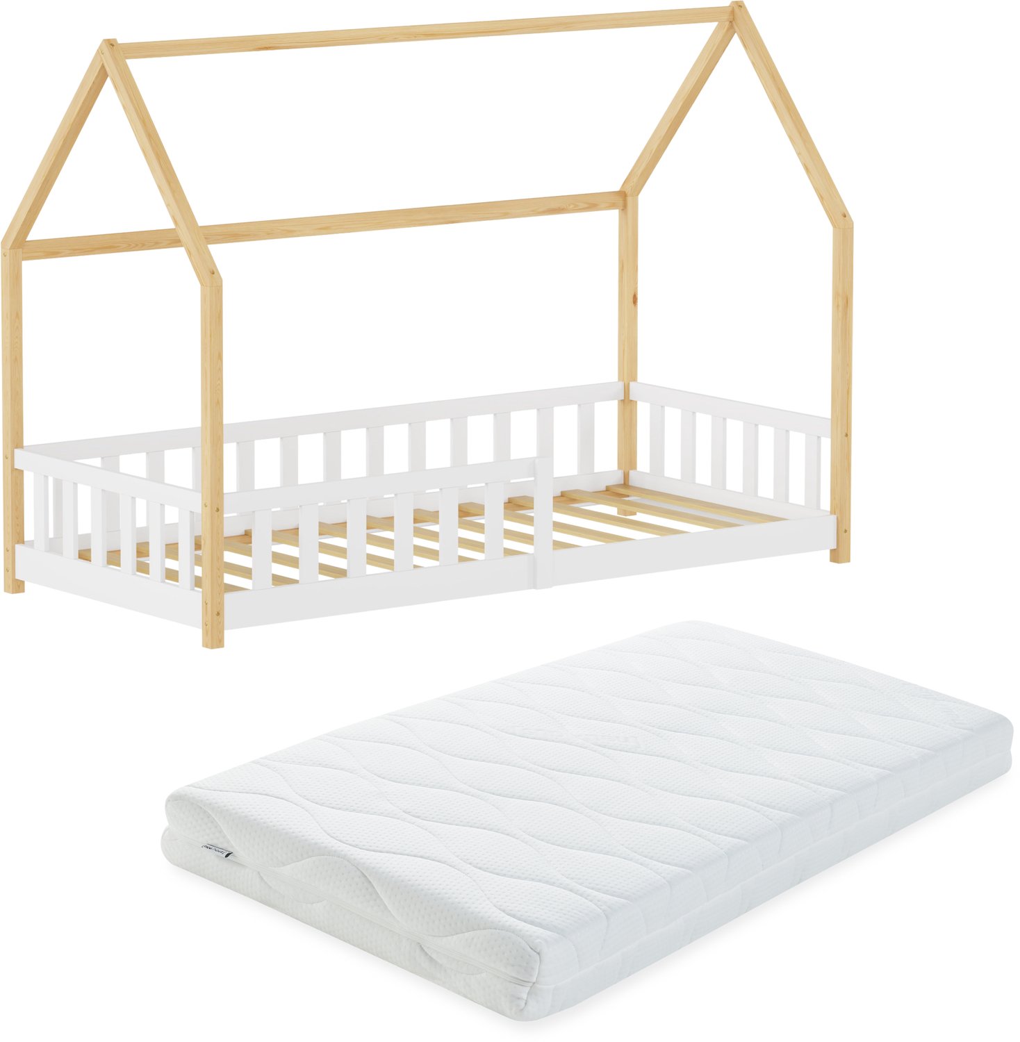 Montessori bed Hesel met valbeveiliging en matras 90x200 cm wit naturel [en.casa]
