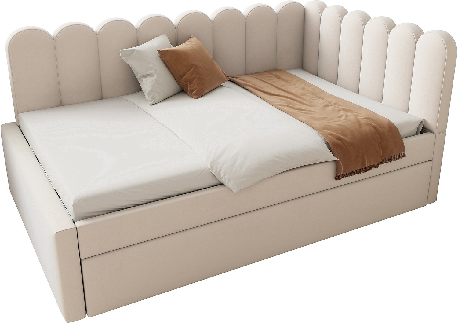 MUVANO Slaapbank 140x200 cm - L-vormig gestoffeerd bed - Onderschuifbed op wielen - Beige fluweel - Bloemvormige rugleuning - Voor logeerkamer