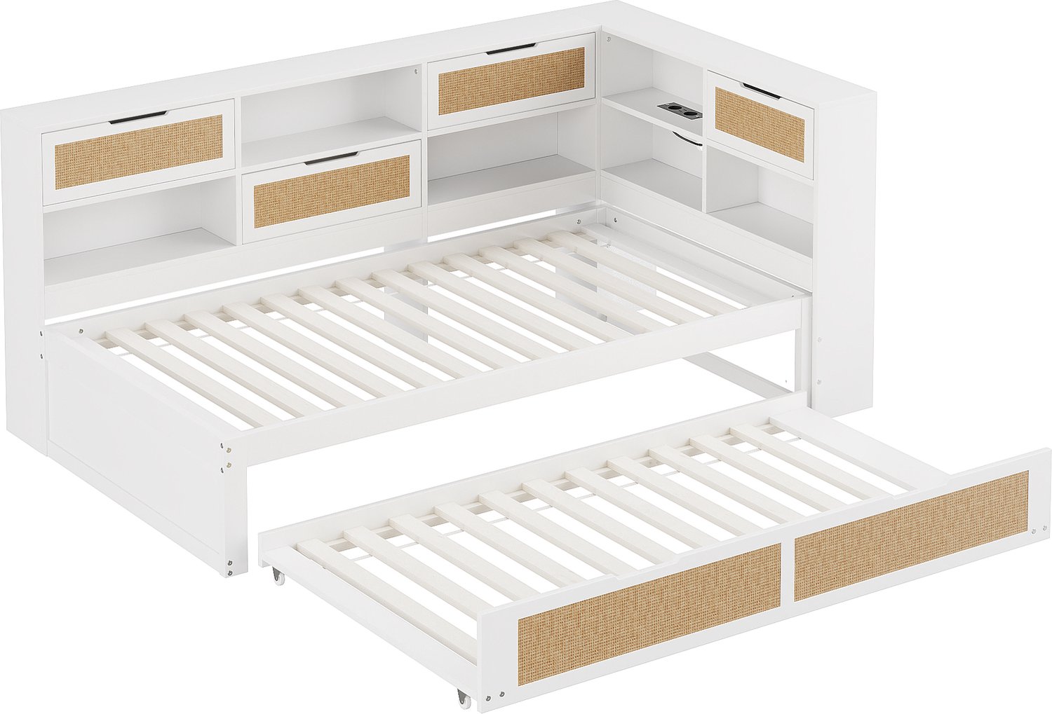 MUVANO Witte houten slaapbank 90x200 - eenpersoonsbed met onderschuifbed 90x190, kinderbed met opbergruimte en USB-aansluitingen