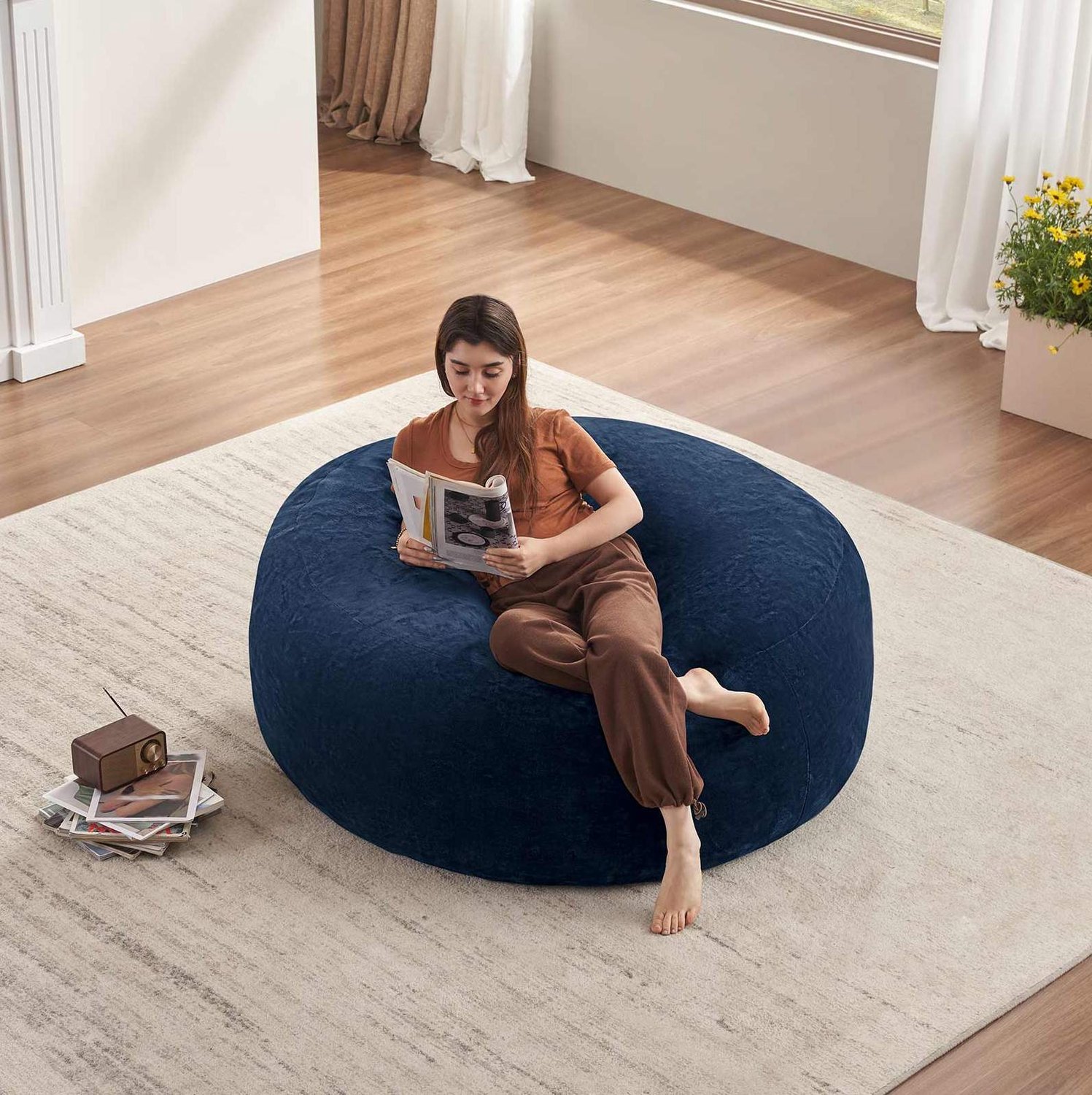 DESMIU Zitzak 120 x 120 x 60 cm - Ronde Loungestoel Met Traagschuimvulling - Voor Woonkamer En Slaapkamer - Flanellen Bekleding - Blauw