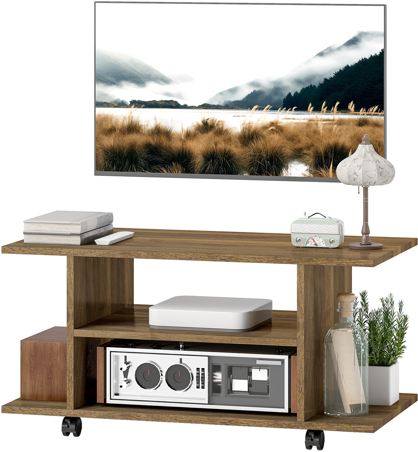 Lunpog TV meubel met wielen - 80 cm - tv meubel voor tv's tot 42 inch met open schappen - walnootkleur