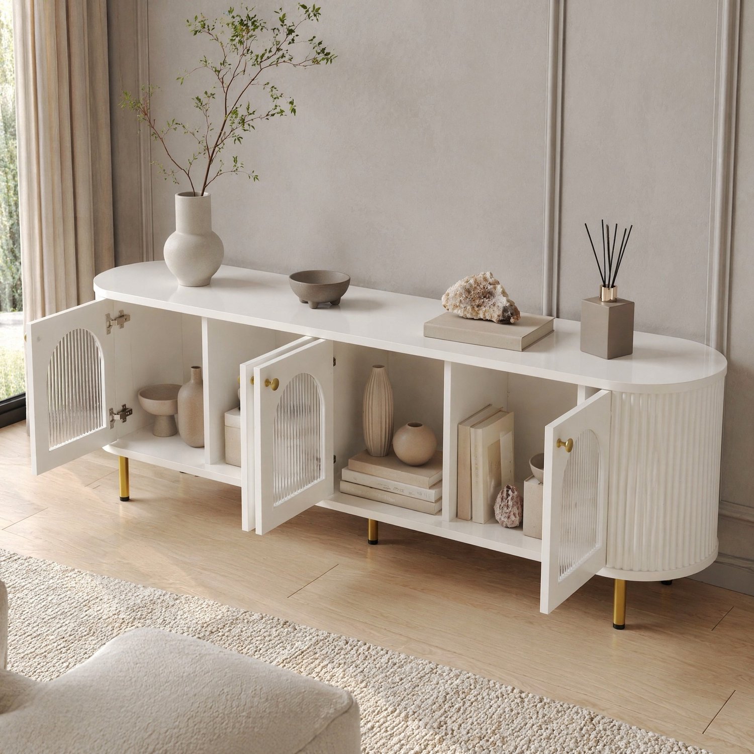 Maisentiel Tv-meubel met 4 glazen deuren - 170 x 35 x 55 cm - wit en goud