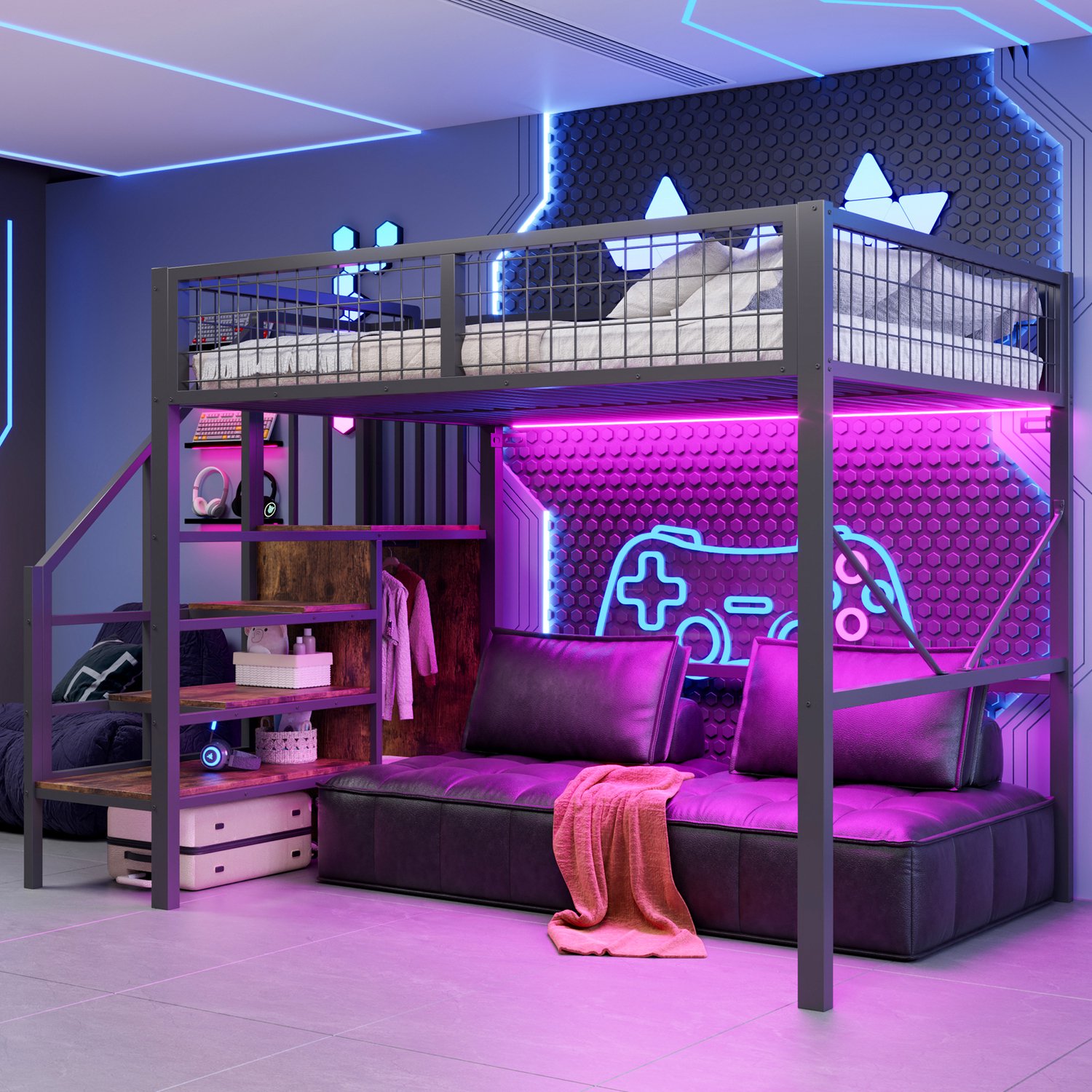 PHOEBE CAT Hoogslaper - 140 x 200 cm - Metalen bedframe - Kinderbed - Opbergruimte - LED-verlichting - Zwart