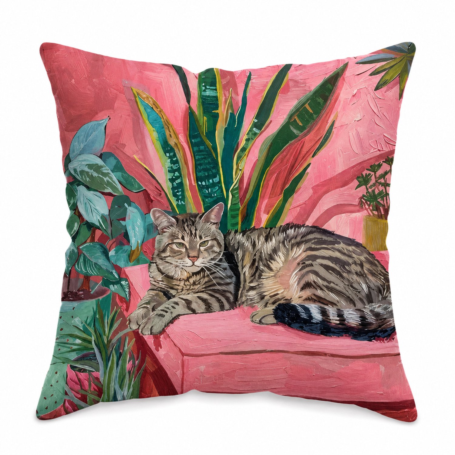 SWGOTA Pluche sierkussenhoes met kat en planten 45 x 45 cm voor de bank, zonder binnenkussen Multicolor