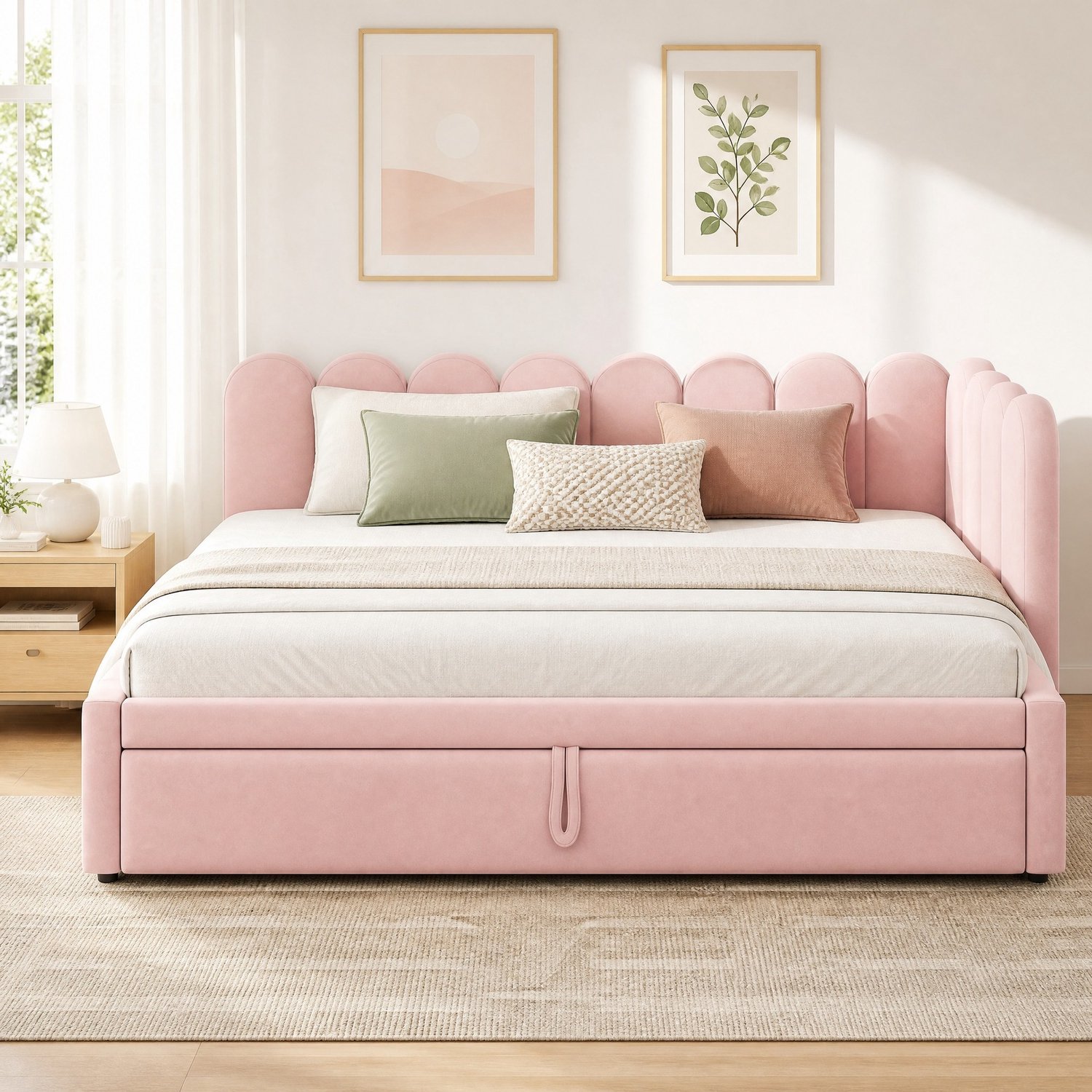 Maisentiel Uitschuifbare bedbank met fluwelen bekleding - roze - 90 x 200 tot 180 x 200 cm