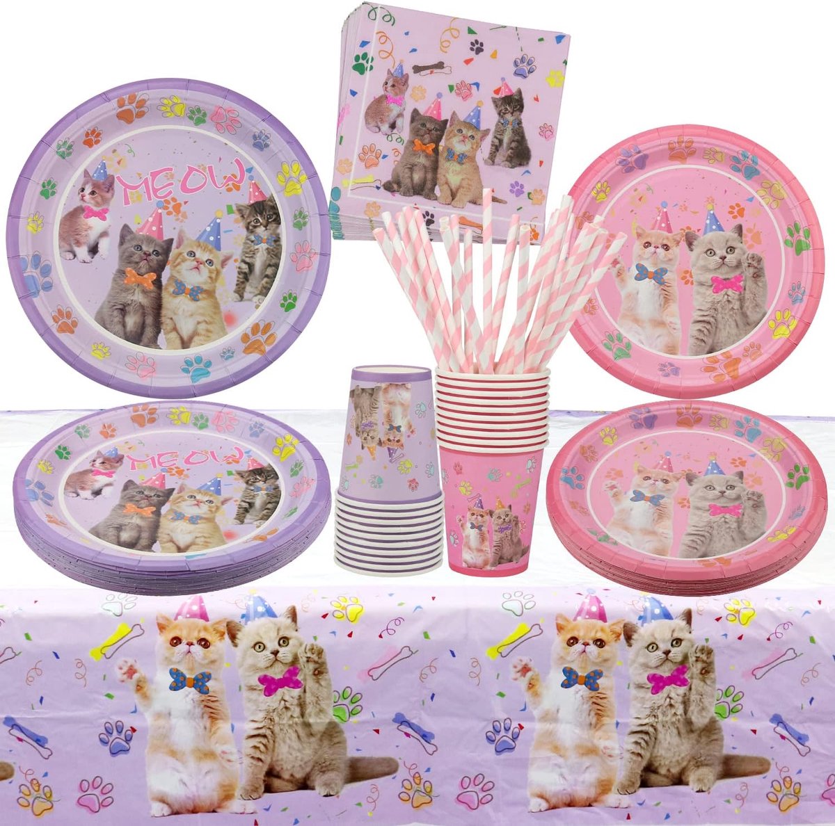 Feestservies, kinderverjaardag, huisdieren, inclusief borden van papier, dessertborden, servetten, tafelkleden, kopjes, rietjes, voor 20 gasten