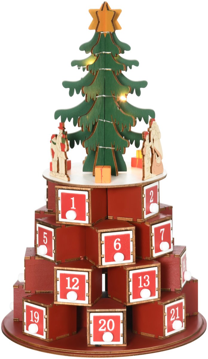 TEKROA®Houten Adventskalender Kegel met 10 LED-Lampjes Rood 22x22x35 cm