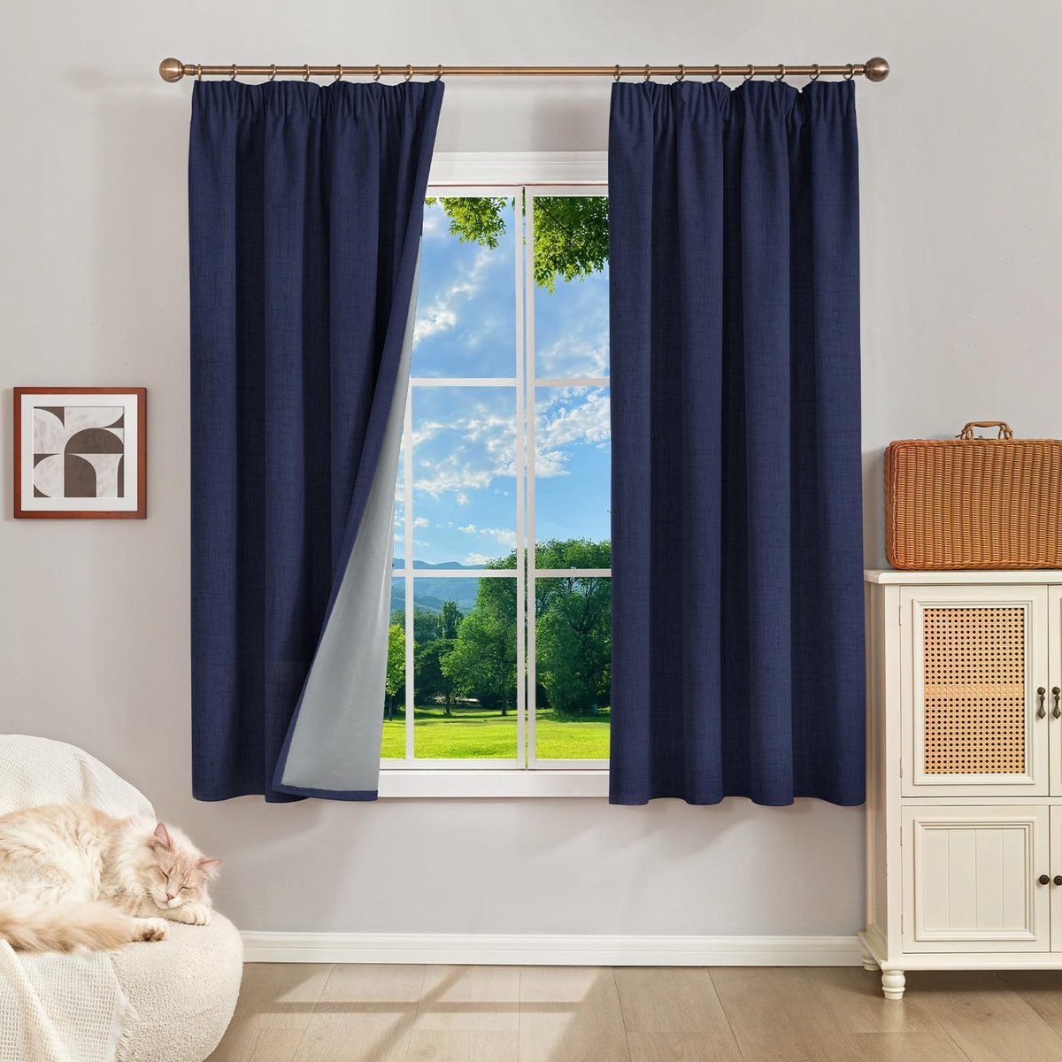 100% verduisteringsgordijnen thermogordijnen koudebescherming gordijnen met plooiband 145 x 140 cm (HxB) set van 2, linnenlook gordijnen ondoorzichtig jeansblauw, schuifgordijnen
