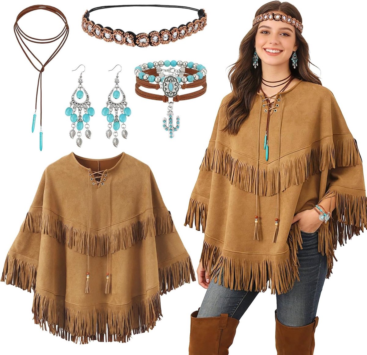 Hippiecape, Indiase thema-poncho-kostuum, francape, westerse cowboy cowgirl outfit voor carnaval, Halloween, themafeest
