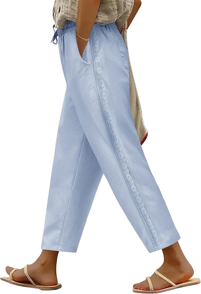 Zomer wijde pijpen bijgesneden broek katoen casual dames elegante elastische taille broek met zakken trekkoord voor strandvakantie dagelijks