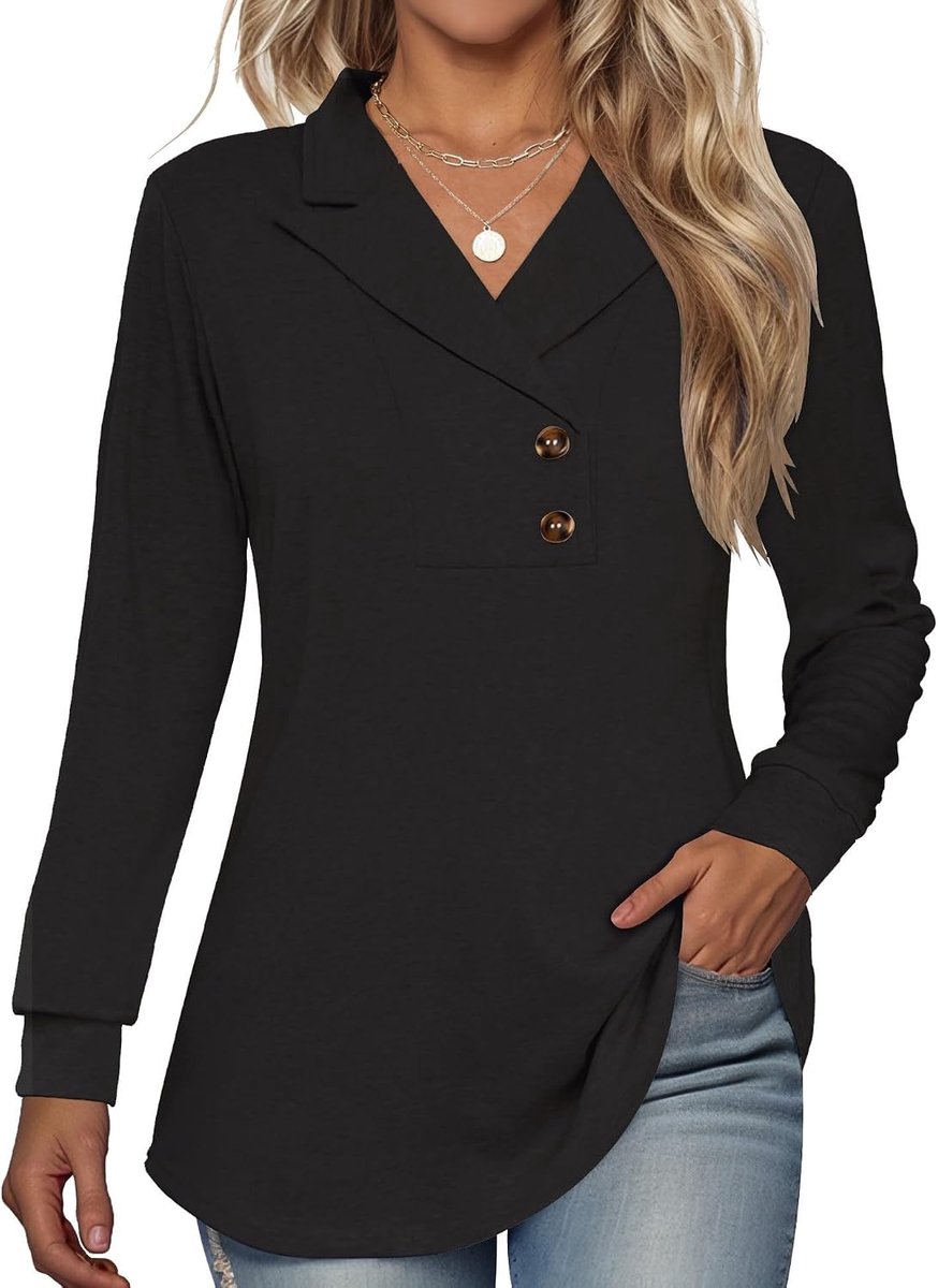 Lange mouw knop revers tuniek tops V-hals zakelijke casual swing sweatshirt pullover 2025