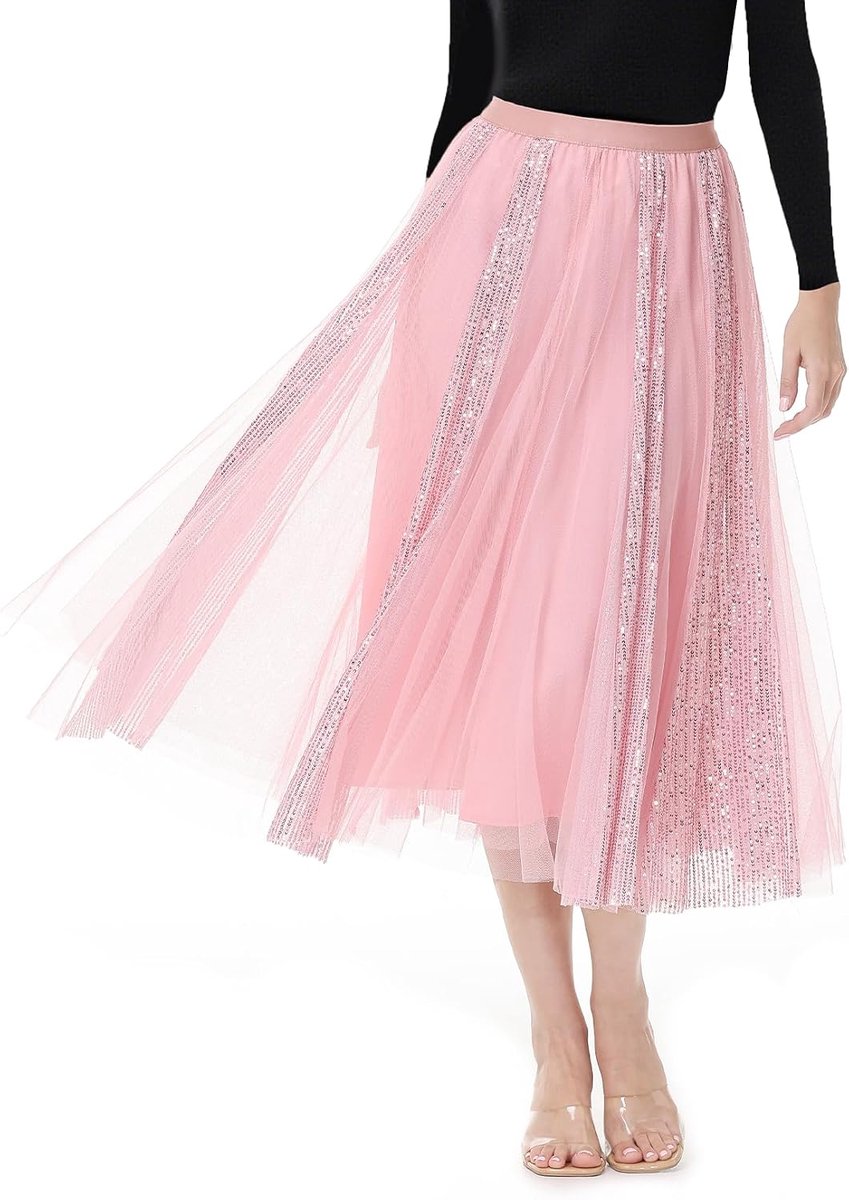 Lange pailletten tule rok hoge taille elegante A-lijn gelaagde gelaagde midi mesh rok casual prom party