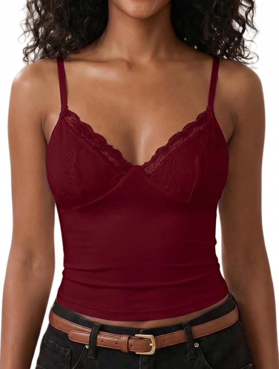 Tanktop van kant, sexy V-hals, mouwloze zomertop met smalle, verstelbare bandjes, elegant, slim fit Y2K, korte top, basic top, casual, onderhemd, nauwsluitend, voor feestjes