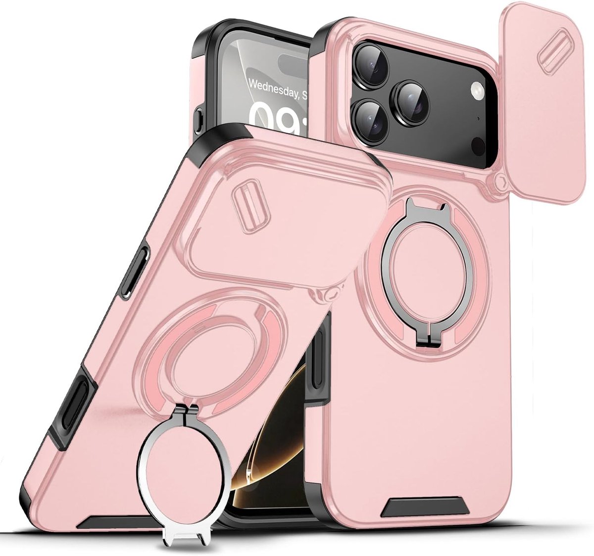 Hoes voor iPhone 12 Pro, robuust, schokbestendig, met verschuifbare camerabescherming en 360 graden ringstandaard, militair, schokbestendig, krasbestendig, siliconen beschermhoes