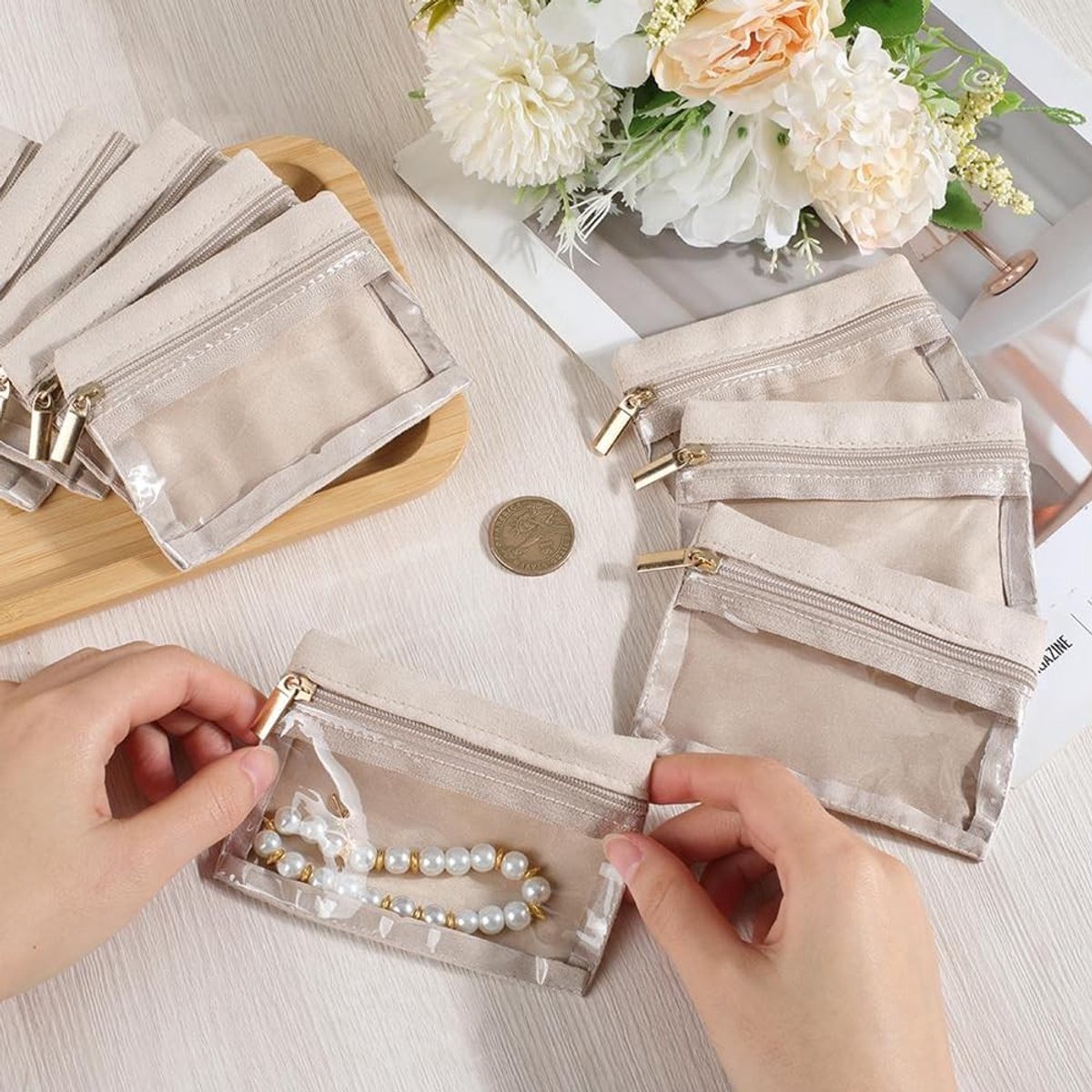 Set van 6 PU Leren Mini Sieraden Tassen, Duidelijke Velvet Reistas met Rits voor Ringen, Armbanden en Oorbellen, Ideaal voor Reizen en Organisatie