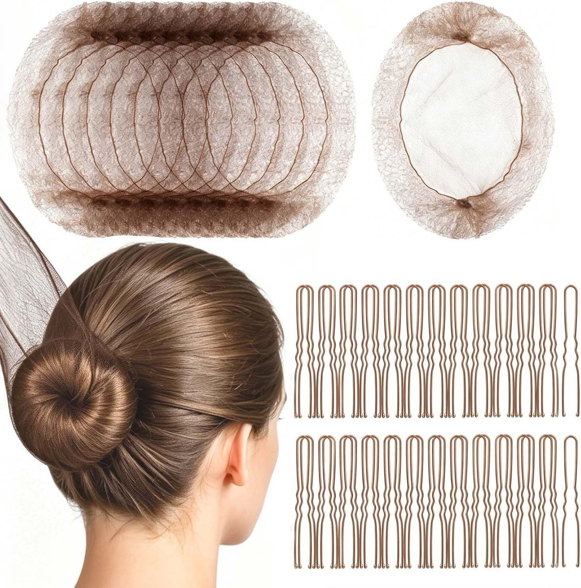 20 Onzichtbare Haarnetten voor Knotten + 50 U-vormige Spelden | Bruin, voor Ballet en Professionele Styling, Vrouwen en Meisjes