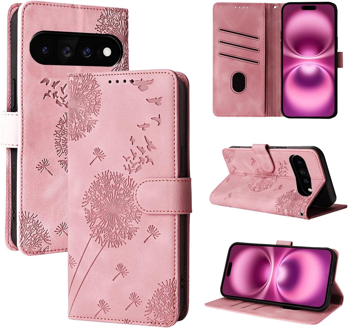 Hoes voor mobiele telefoon voor 6,8 inch, paardenbloem, PU-leer, flip case, portefeuille, tas, hoes, magnetisch, telefoonhoes voor 6,8 inch, roségoud