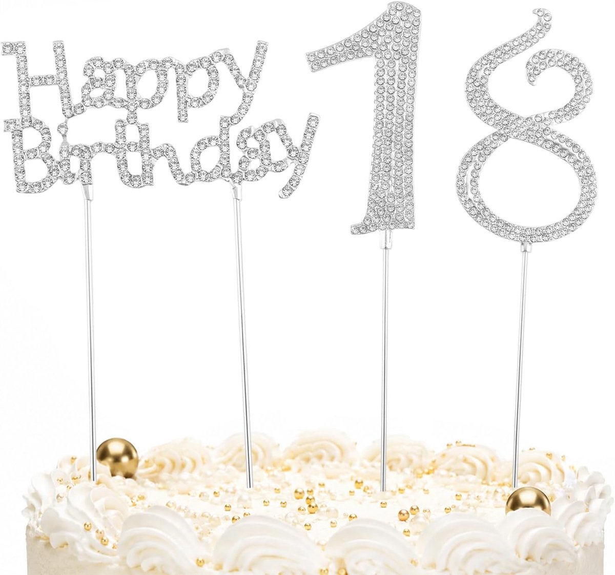 Taartdecoratie voor 18e verjaardag, zilver, glanzend, inclusief "Happy Birthday"-bord en cijfers 1 en 8 van ijzer voor feestjes