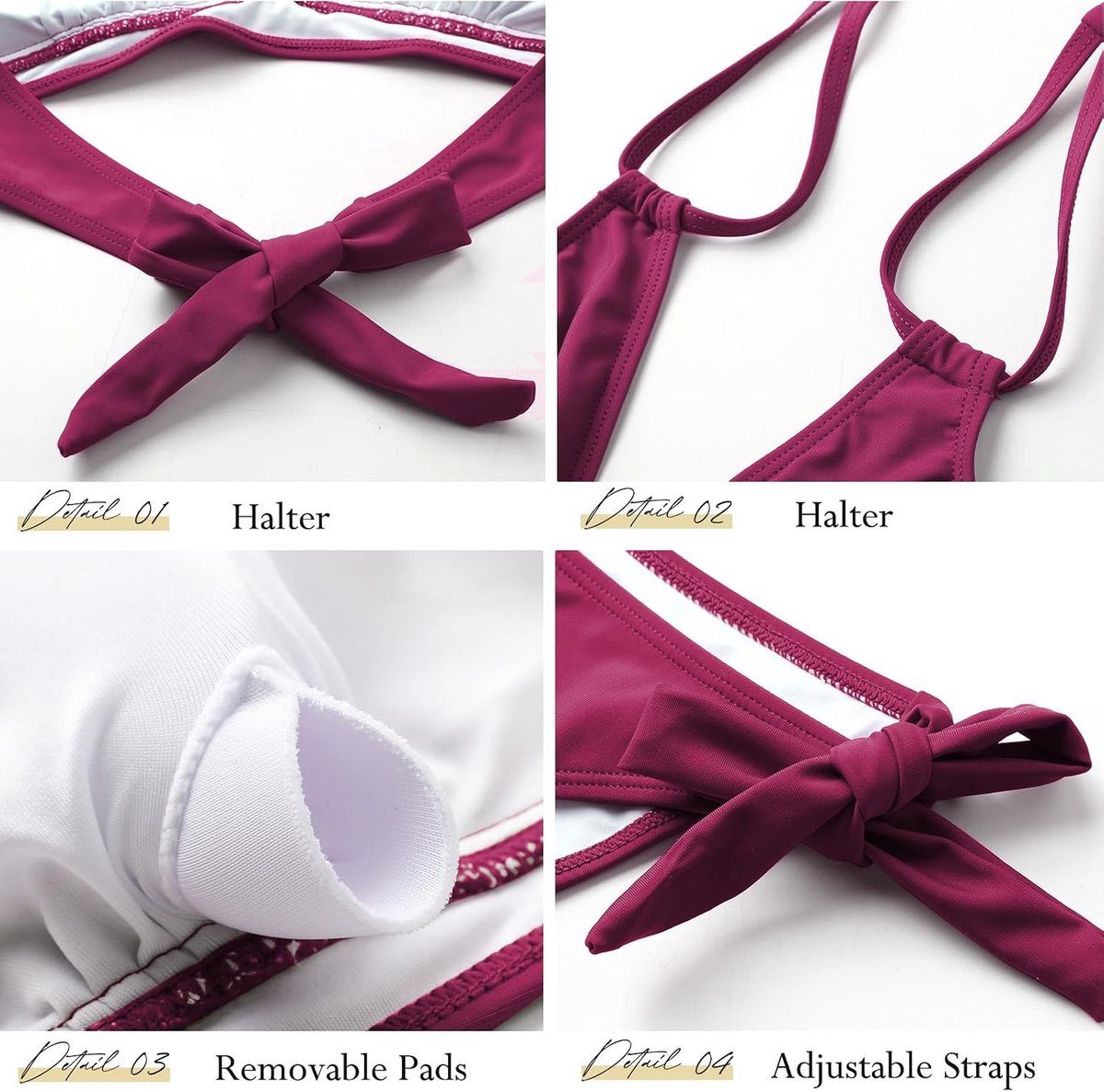 Badpak, 2-delig, V-hals, bikiniset, push-up, tweedelige set, halter, tie-up, sexy, lage taille, strandkleding, elegant, vintage, Braziliaans badpak