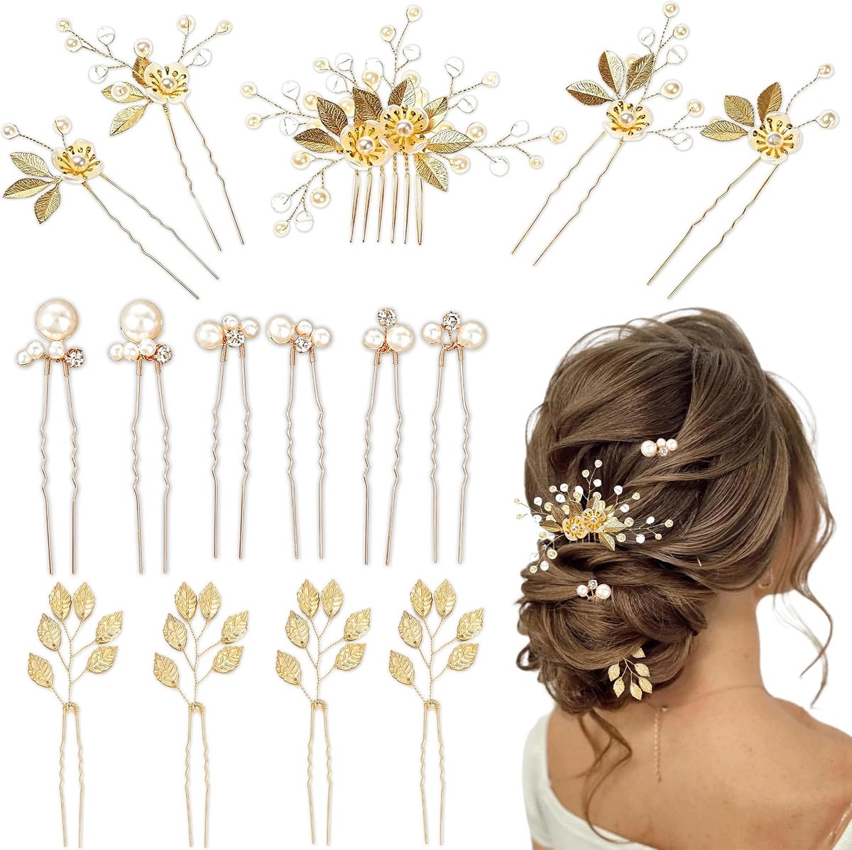 Set van 14 Haaraccessoires voor Bruiden, Goudkleurige Bruid Haaraccessoires, Bruiloft Haarkam met Bloemen en Bladeren plus Kristaldetails voor Bruiden en Bruidsmeisjes